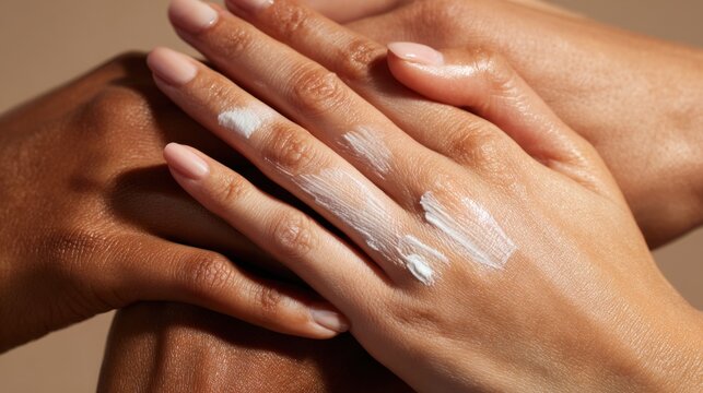 Close up of hands with cosmetic cream applied to fingers showing different skin tones