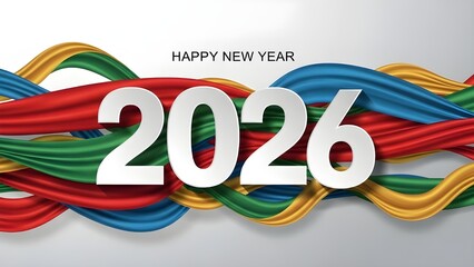 Colorful 2026 Happy New Year 3D Typography with Vibrant Flowing Ribbons on Purple Background - Modern Celebration Design