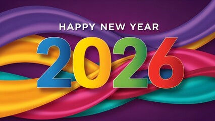 Colorful 2026 Happy New Year 3D Typography with Vibrant Flowing Ribbons on Purple Background - Modern Celebration Design