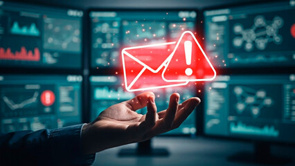 Email security concept: Warning sign floating over hand for cybersecurity.