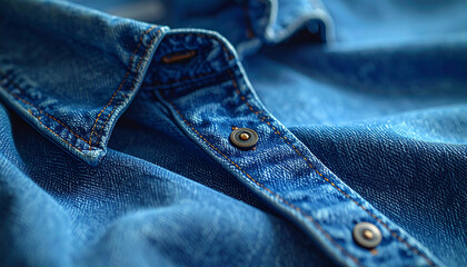 Close-up of Blue Denim Shirt with Metal Snap Buttons and Collar Keywords: denim, shirt, blue
