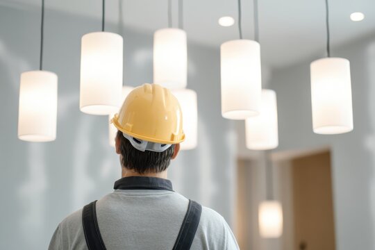 Wiring a New light fixture installation and electrical work. Electrician man installing a black lamp home lighting and spot loft style on ceiling. Electrical industry and design. Interior lighting