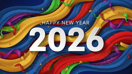 Colorful 2026 Happy New Year 3D Typography with Vibrant Flowing Ribbons on Purple Background - Modern Celebration Design