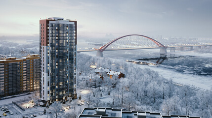 Winter cityscape with modern high-rise buildings beside a frozen river and iconic bridge under soft daylight. © Alexuans