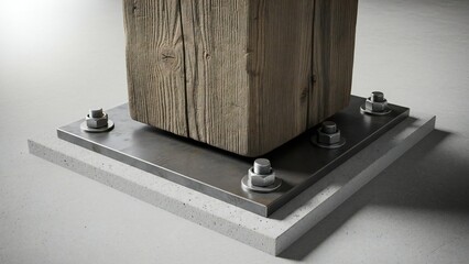 Close-up of a weathered timber column securely anchored to a concrete foundation