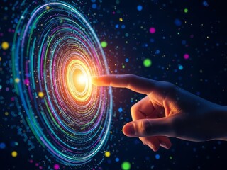Close-up of a hand touching a swirling portal of colorful lights and digital particles, symbolizing engagement with technology, data, or the future.