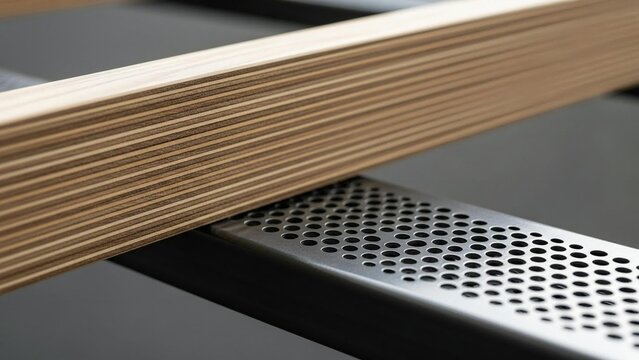 Layered wood material resting on a perforated metal surface, industrial close-up