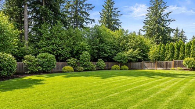 A green large fenced backyard with trees, creating a natural and open outdoor space.