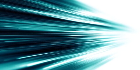 Abstract background features bright teal light streaks radiating from a vanishing point toward the right side.