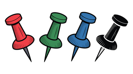 Four colorful cartoon push pins in red green blue and black on a white background pushpin thumbtack