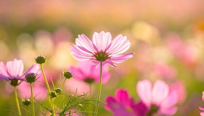 Soft light shines through pink cosmos flowers blooming in a blurred field of pastel colors