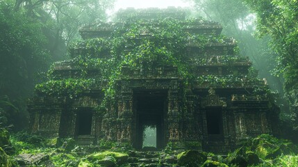 Old temple ruins covered in plants deep within the jungle