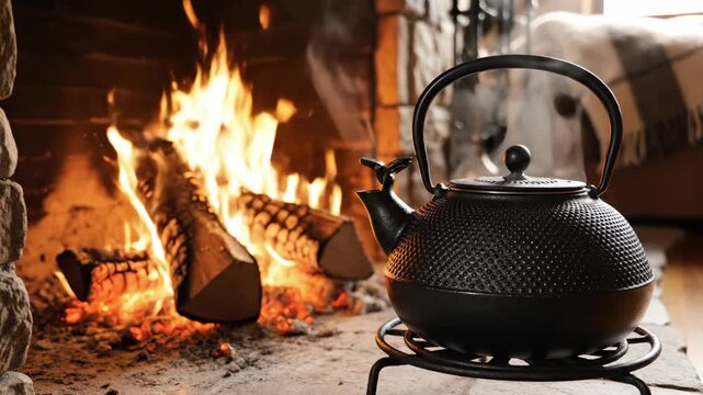 Black kettle on stand next to roaring fire in cozy living room. Concept of home warmth and comfort, perfect for winter relaxation or holiday gatherings.