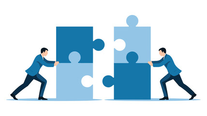 Two businessmen in suits pushing large blue puzzle pieces together on a white background teamwork collaboration