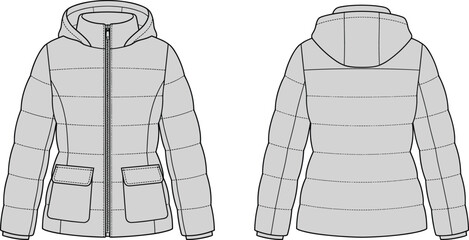 Gray padded winter jacket illustration showing front and back views, hooded insulated outerwear design isolated on background © Ashik Creatives