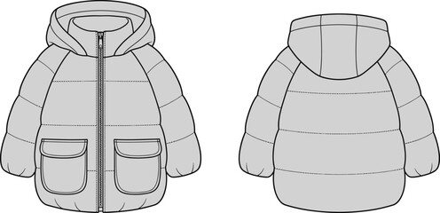 Gray padded winter jacket illustration showing front and back views, hooded insulated outerwear for children isolated on white background © Ashik Creatives