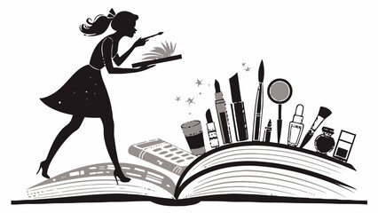 Woman discovering beauty products emerging from book