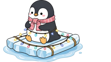 Penguin adorned with festive lights and scarf floats on ice in winter scene illustration