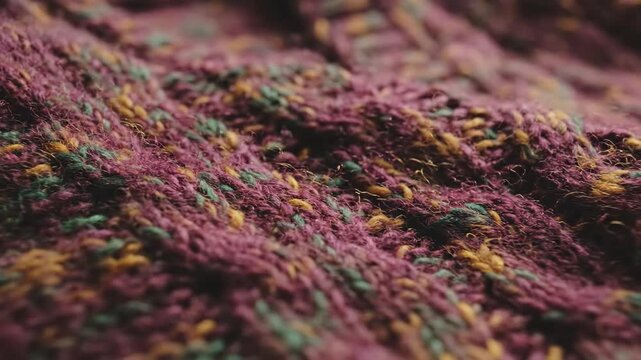 Close-up of knitted sweater fabric displaying intricate patterns and textures. Concept of cozy clothing, textile design, or winter fashion. Useful for articles on fashion trends and textile arts.