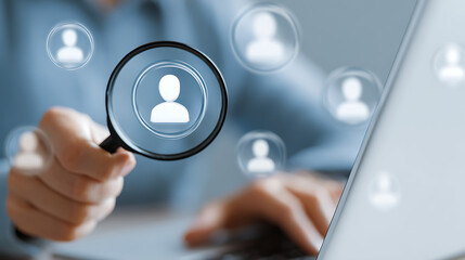 Person examining profile icons with magnifying glass near laptop search