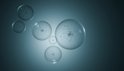 Transparent bubbles floating in gradient blue background, creating serene and calming atmosphere