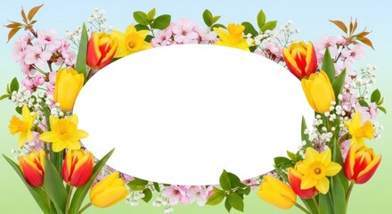 A colorful floral frame with tulips and daffodils.