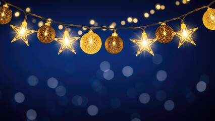Golden star and bauble string lights on dark blue background