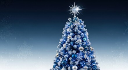 A beautifully decorated blue Christmas tree with snowflakes and ornaments against a dark blue background.