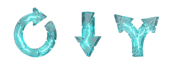 Broken, abstract process symbols with a fragmented, glitch like appearance and a bright, glowing cyan light, a 3D glassmorphism arrow icon set isolated on white