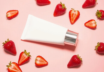 Blank white cosmetic tube mockup on strawberry pink background, ai generated