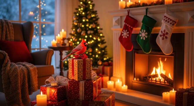 A cozy Christmas living room with a fireplace, Christmas tree, and festive decorations.