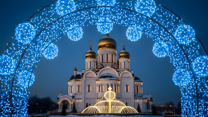 Obraz premium Orthodox church golden domes illuminated at winter night | Majestic Russian cathedral framed by blue festive string lights | Beautiful architectural Christmas light display on historic building