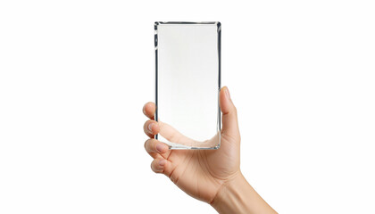 Hand holding transparent rectangle glass award, white background, ai generated
