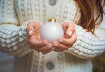 Female hands holding white christmas ball, ai generated
