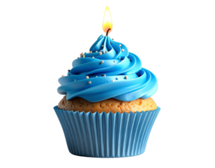 Untitled design -  Birthday Cupcake with Single Candle and Blue Frosting Decoration, Front View, PNG
