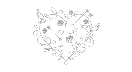 Charming heart-shaped outline with romantic elements, including doves and roses, perfect for Valentine's Day designs