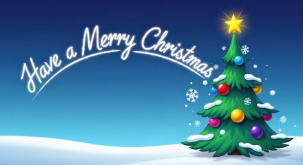 A Christmas tree with colorful ornaments and a star on top, set against a blue background with snowflakes.