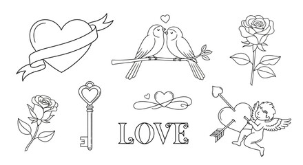 Charming vector outline collection of romantic symbols for love-themed designs, featuring hearts, birds, roses, Cupid, and keys, perfect for Valentines and celebrations