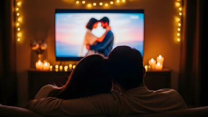 Naklejka premium Cozy couple watching romantic movie at home together