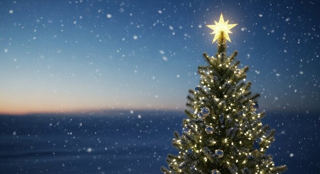A Christmas tree with lights and a star on top, set against a snowy background with snowflakes falling. - Powered by Adobe