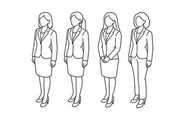 perspective of women in formal business attire in cad lines vector icon.