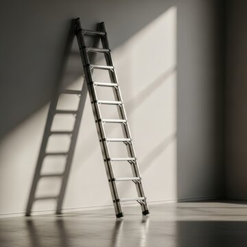 Realistic stock photo of a metal ladder leaning against a wall in a clean minimal interior. Soft natural daylight, gentle shadows, neutral tones, industrial yet minimal mood, balanced composition.
