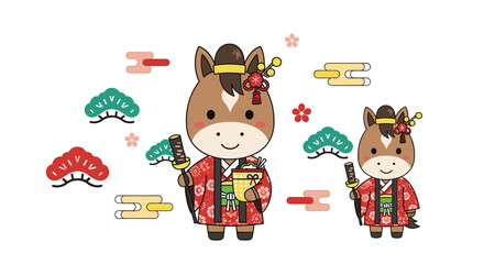 Fototapeta premium Adorable cartoon illustration of two Japanese zodiac horses dressed in traditional kimono attire for New Year's celebrations.