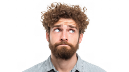 Pensive man looking up with a confused facial expression, isolated on transparent background, ideal for easy integration into any design project