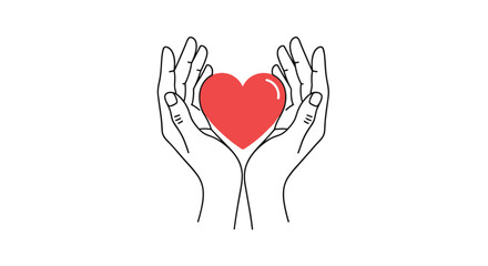 Minimalist line art illustration of two hands gently holding a red heart symbolizing love care charity and kindness concept.