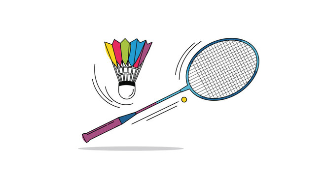 Colorful doodle-style illustration of a badminton racket hitting a vibrant rainbow-colored shuttlecock with motion lines and a shadow.