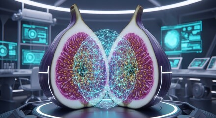 Fig fruit halves interconnected with neural network in futuristic laboratory