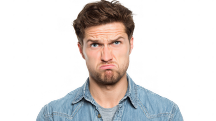 Close up of an irritated businessman expressing disgust and grumpiness with a furrowed brow and pursed lips, isolated on a transparent background, perfect for conveying negative emotions