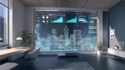 Futuristic office window transforming into augmented reality display with data charts and cityscape overlay - Powered by Adobe