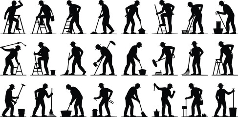 Silhouette of construction workers performing different tasks, industrial laborers with tools, teamwork, maintenance, repair, safety, building work vector illustration
